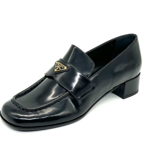 PRADA 35 Triangle Logo Leather Pumps Heels Loafers Shoes Black - Picture 4 of 13